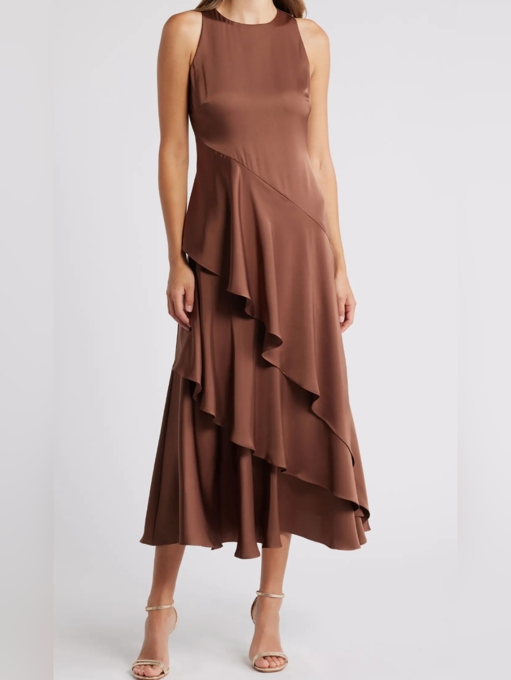 PARKER THE ANGIE BROWN UMBER LAYERED RUFFLE MAXI DRESS